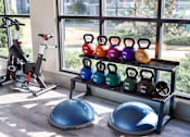 Thumbnail 12 of 27 - a home gym with weights and cardio equipment and a window at The Crest at Laurel Canyon Apartments, Canton, 30114