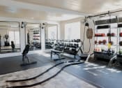 Thumbnail 29 of 46 - a home gym with weights and cardio equipment at The Wren Apartments, Lawrenceville, GA, 30043