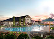 Thumbnail 1 of 5 - A beautiful outdoor scene with a pool, lounge chairs, and a house in the background.