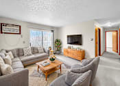 Thumbnail 6 of 11 - A living room with a grey couch, a wooden coffee table, and a television.