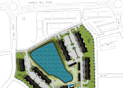 Thumbnail 30 of 32 - A map shows a layout of streets and a lake surrounded by buildings.
