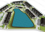 Thumbnail 28 of 32 - A blue pool is surrounded by apartment buildings.