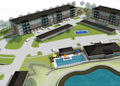Thumbnail 29 of 32 - A drawing of a resort with a swimming pool.