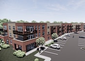 Thumbnail 42 of 48 - Clubhouse building with cars parked in a parking lot