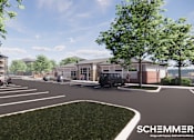 Thumbnail 27 of 32 - a rendering of a parking lot with cars in front of a building
