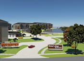Thumbnail 31 of 32 - A rendering of a residential area with a sign that reads "Water's Edge Apartments.".