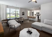 Thumbnail 39 of 44 - A living room with a grey couch and a white coffee table.