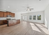 Thumbnail 30 of 50 - living room and kitchen view with espresso colored cabinets.