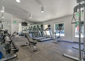 Thumbnail 2 of 14 - A gym with a variety of equipment including treadmills, weights, and exercise machines.