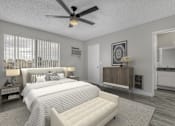 Thumbnail 3 of 44 - a bedroom with a large bed and a ceiling fan