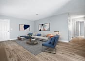 Thumbnail 1 of 21 - A living room with a blue couch and a coffee table.
