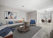 Thumbnail 3 of 21 - A living room with a grey sofa, a blue chair, and a coffee table.