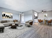 Thumbnail 5 of 15 - a living room and dining room with gray walls and hardwood floors