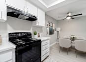 Thumbnail 11 of 15 - A black stove in a white kitchen with a fan.