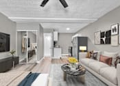 Thumbnail 6 of 17 - A modern living room with a white couch and a coffee table.