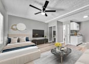 Thumbnail 4 of 17 - A modern bedroom with a large bed and a ceiling fan.
