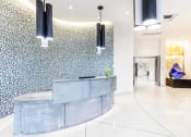 Thumbnail 13 of 28 - a reception desk in a hotel lobby with a blue and white speckled wall