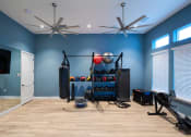 Thumbnail 23 of 29 - a home gym with blue walls and a wooden floor