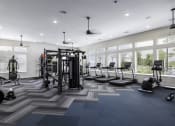 Thumbnail 19 of 29 - a gym with weights and cardio equipment in a building with large windows