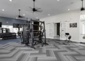 Thumbnail 21 of 29 - a home gym with exercise equipment and a chevron tile floor