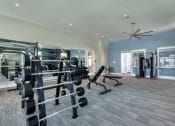 Thumbnail 31 of 54 - a gym with weights and cardio equipment in a building with blue walls