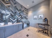 Thumbnail 29 of 54 - a bathroom with a shower and sink and a checkered tile wall