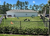 Thumbnail 92 of 92 - A dog is standing in a yard with a fence and a dog house.