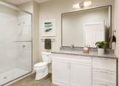 Thumbnail 6 of 30 - a bathroom with a shower toilet and sink and a mirror