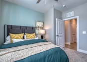 Thumbnail 61 of 62 - A bedroom with a bed, pillows, and a ceiling fan.