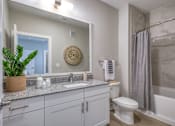 Thumbnail 62 of 62 - A bathroom with a white toilet, a sink, a mirror, and a plant.