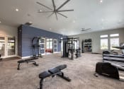 Thumbnail 74 of 92 - a home gym with exercise equipment and a ceiling fan