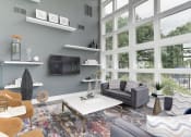 Thumbnail 27 of 35 - a living room with a large window and a tv on the wall at Madison at Eden Brook, Columbia, 21046
