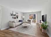Thumbnail 4 of 45 - A living room with a grey rug, a white sofa, a grey armchair, a wooden coffee table, a potted plant, and a flat screen TV at Poplar Glen Apartments, Columbia, MD, 21044.