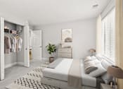 Thumbnail 17 of 45 - A white bedroom with a large bed, a wardrobe, and a potted plant  at Poplar Glen Apartments, Columbia, MD, 21044.