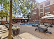 Thumbnail 21 of 24 - A pool area with sun loungers and a tree at Prairie Crossing, Farmers Branch, 75244