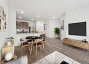 Thumbnail 1 of 49 - A modern living room with a dining table and chairs.