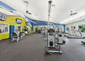 Thumbnail 21 of 54 - a gym with weights and cardio equipment on the floor and walls with yellow and blue at Villages at Morgan Metro, Landover, Maryland, 20785