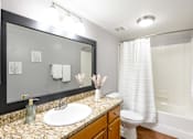Thumbnail 19 of 65 - A bathroom with a sink, mirror, toilet, and shower.