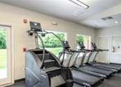Thumbnail 43 of 81 - A gym with treadmills and a view of greenery outside.