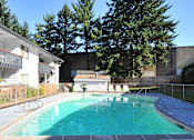 Thumbnail 46 of 47 - a swimming pool in front of a house with trees