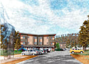 Thumbnail 7 of 9 - A parking lot with cars and a yellow taxi in front of a building.