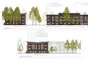 Thumbnail 9 of 9 - A drawing of a building with a front and side elevation view, showing the structure's design and the surrounding trees.