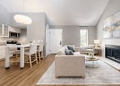 Thumbnail 5 of 18 - A modern living room with a fireplace and a dining area.