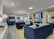 Thumbnail 29 of 32 - A spacious living room with a dark blue sofa and a yellow rug.