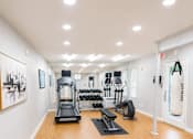 Thumbnail 10 of 18 - A gym with a variety of equipment including a treadmill, weights, and a punching bag.