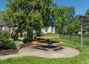 Thumbnail 16 of 20 - A picnic table is surrounded by greenery in a sunny park.