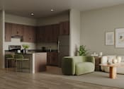 Thumbnail 21 of 54 - A modern kitchen with a green armchair and a white sofa.