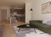 Thumbnail 22 of 54 - A modern living room with a green couch and a coffee table.