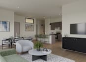 Thumbnail 23 of 54 - A modern living room with a grey sofa and a coffee table.