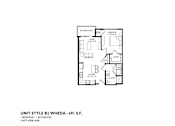 Thumbnail 37 of 54 - A floor plan of a unit with a bedroom, bathroom, and kitchen.